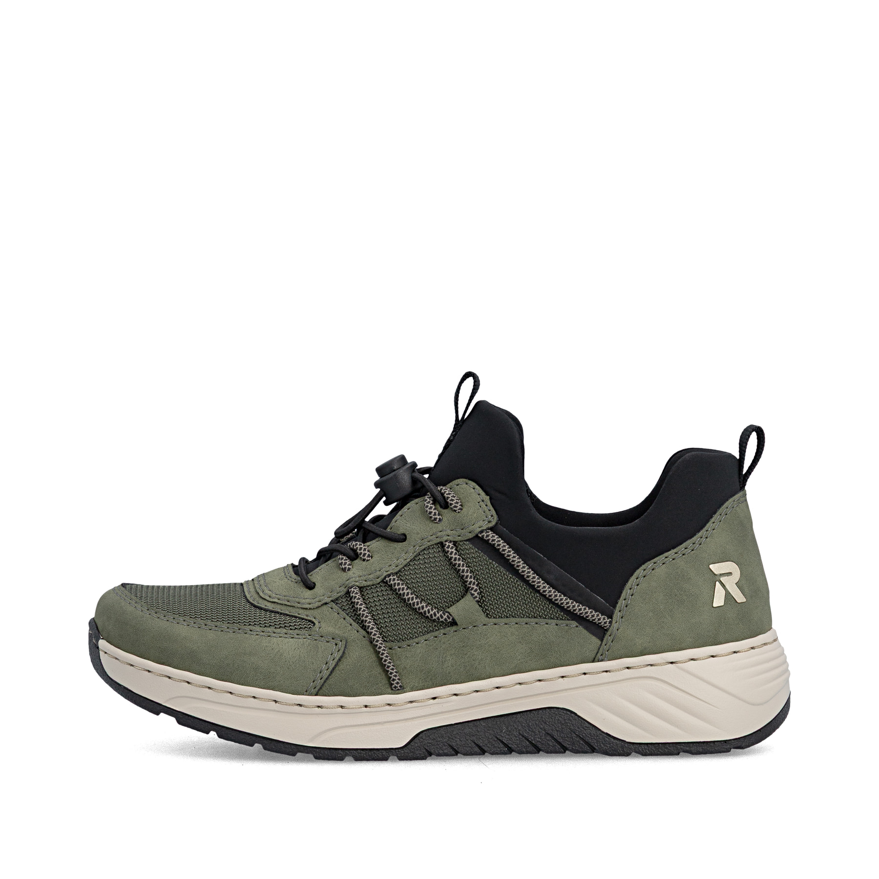 Khaki-schwarze Rieker Damen Slipper 53153-54 mit Gummizug sowie der Extraweite H. Schuh Außenseite.