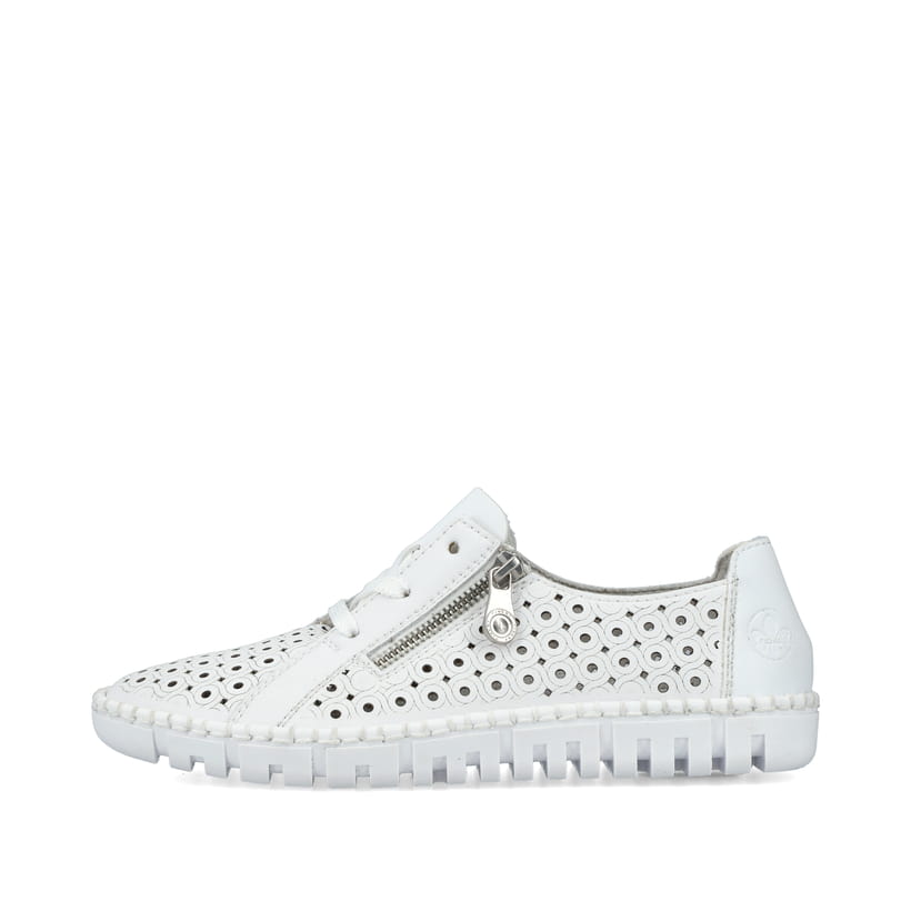 Weiße Rieker Damen Schnürschuhe M2300-80, Barfußschuhe in Löcheroptik. Schuh Außenseite.