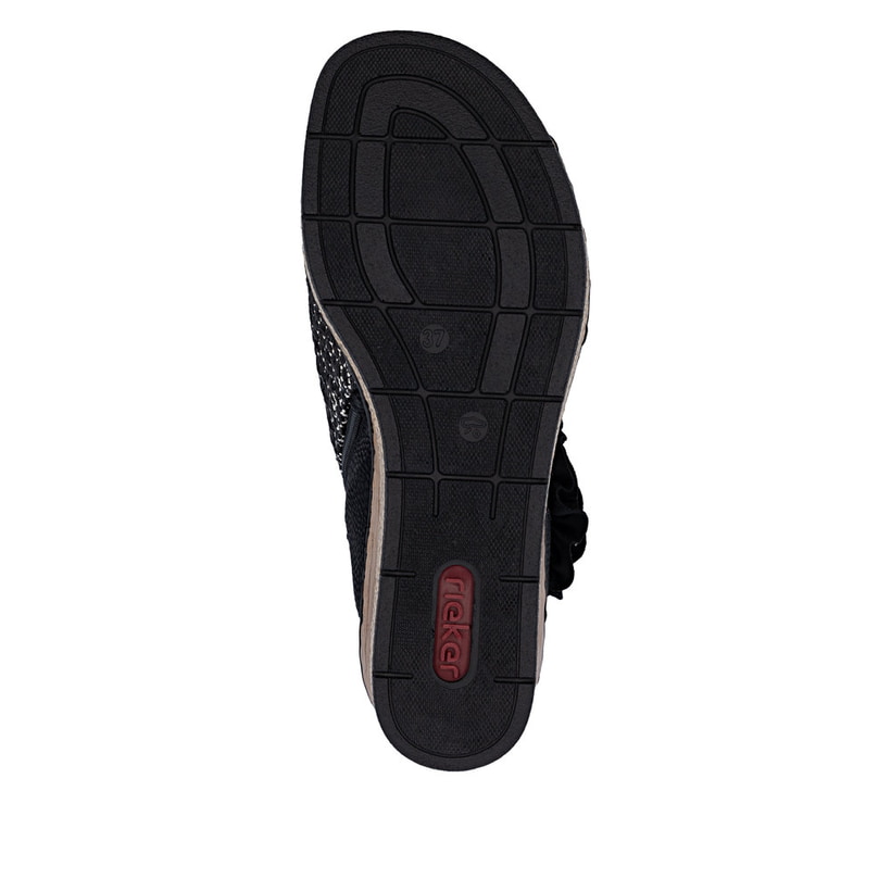 Schwarze Rieker Keilsandaletten 63791-01 mit dekorativer Blume. Schuh Laufsohle.