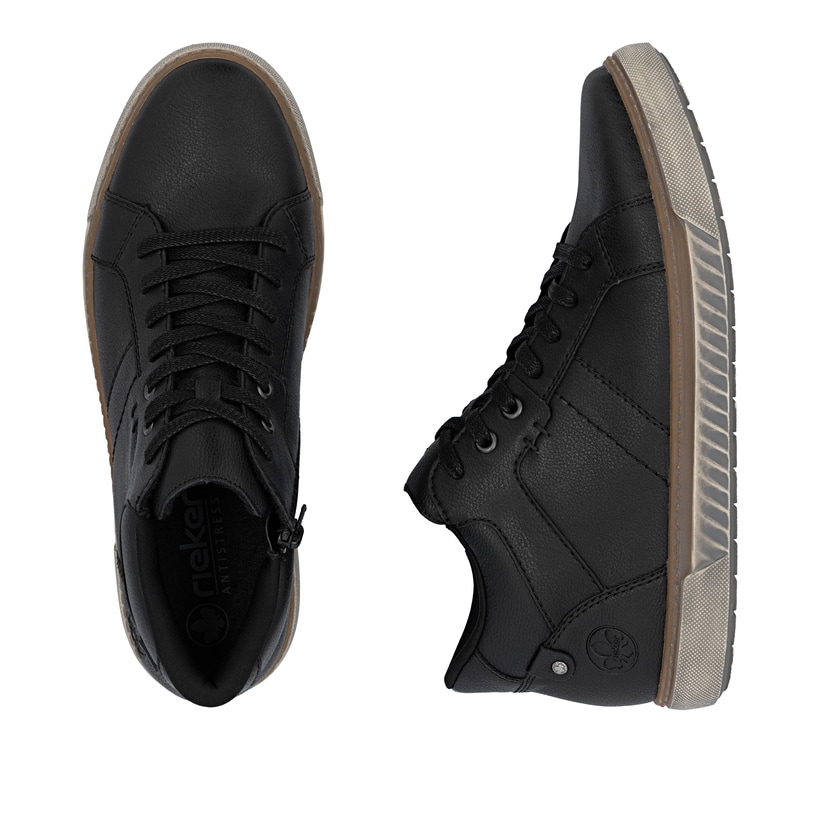 Schwarze Rieker Herren Schnürstiefel 17905-00 aus Glattleder mit Reißverschluss. Schuh von oben, liegend.