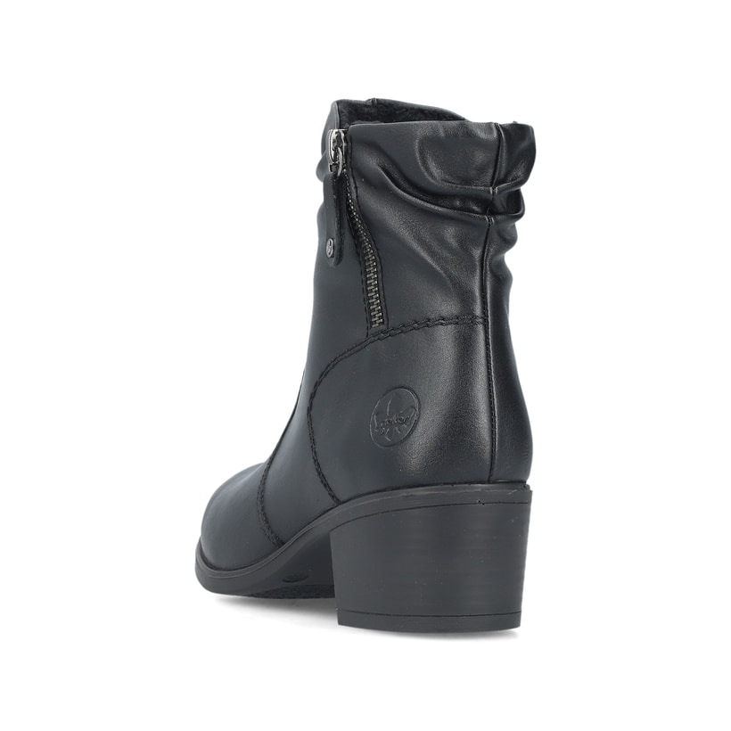 Schwarze Rieker Damen Stiefeletten 73981-00 mit einem Reißverschluss. Schuh von hinten.