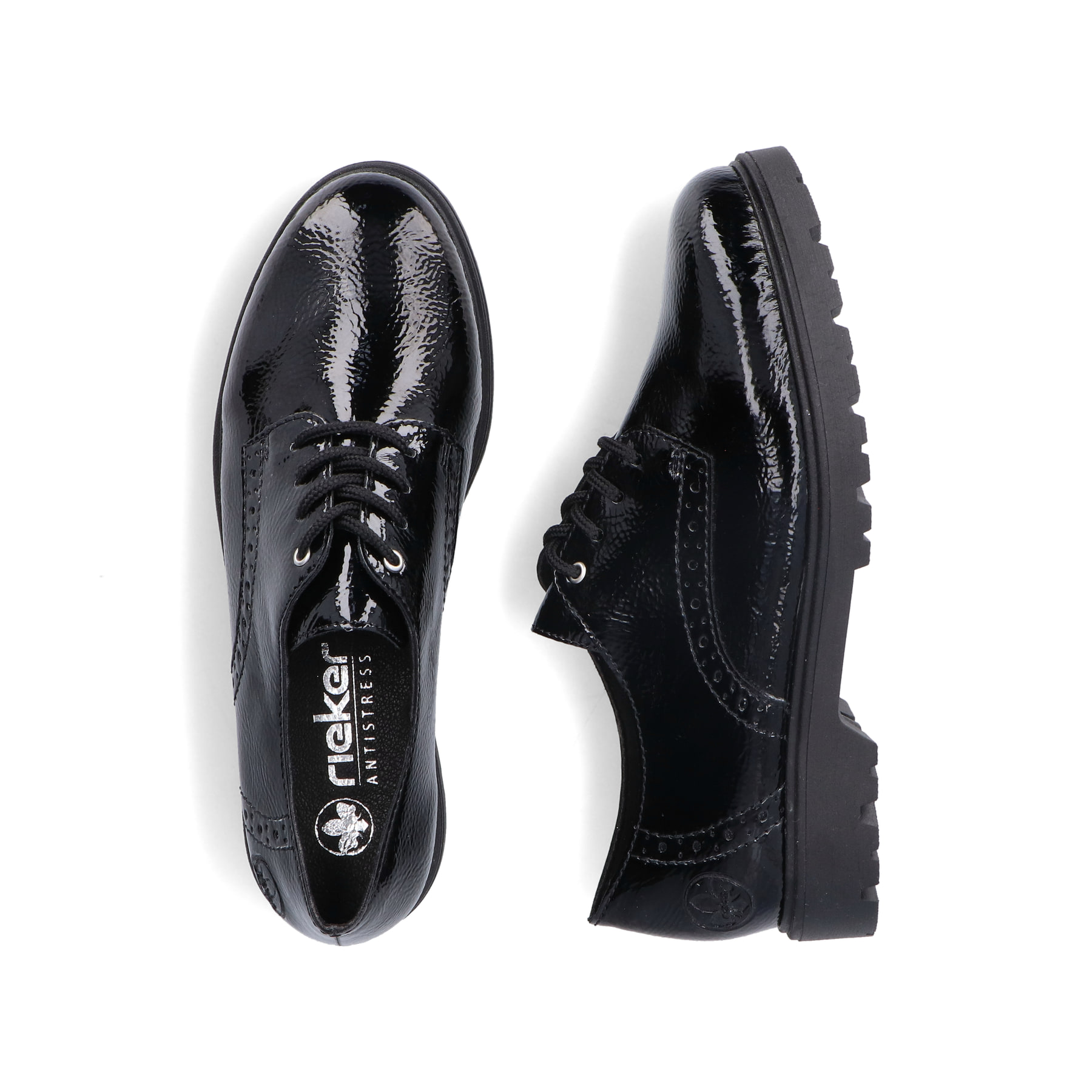 Schwarze Rieker Damen Schnürschuhe 45502-00 mit einer extra weichen Decksohle. Schuh von oben, liegend.