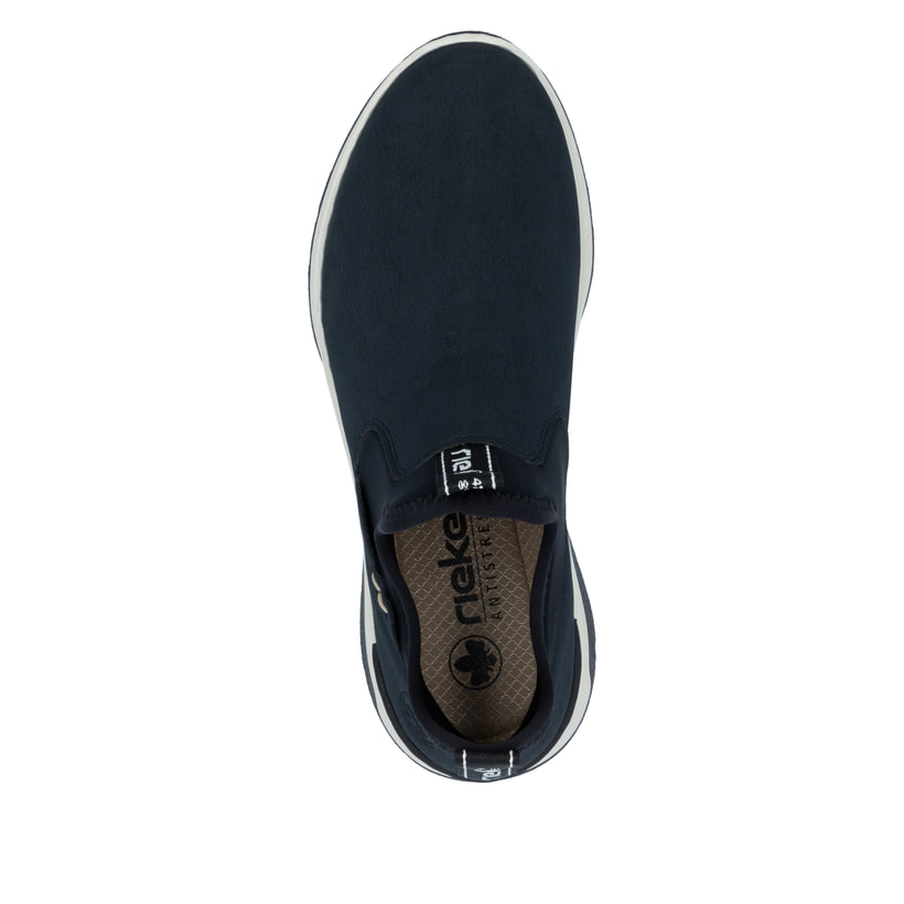 
Marineblaue Rieker Damen Slipper M0053-14 mit einer schockabsorbierenden Sohle. Schuh von oben