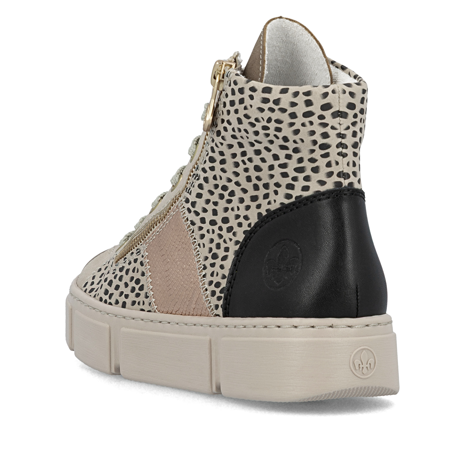 Beige Rieker Damen Sneaker High N5931-62 mit Animal-Print sowie Reißverschluss. Schuh von hinten.