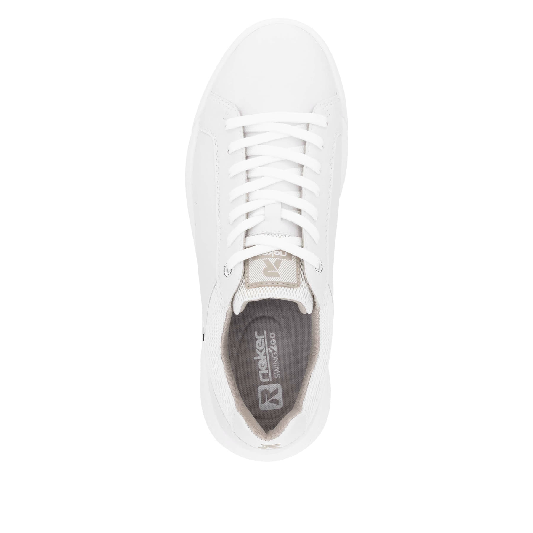 Baskets basses Rieker blanches homme U1100-80 en cuir lisse avec lacets. Chaussure vue de dessus.