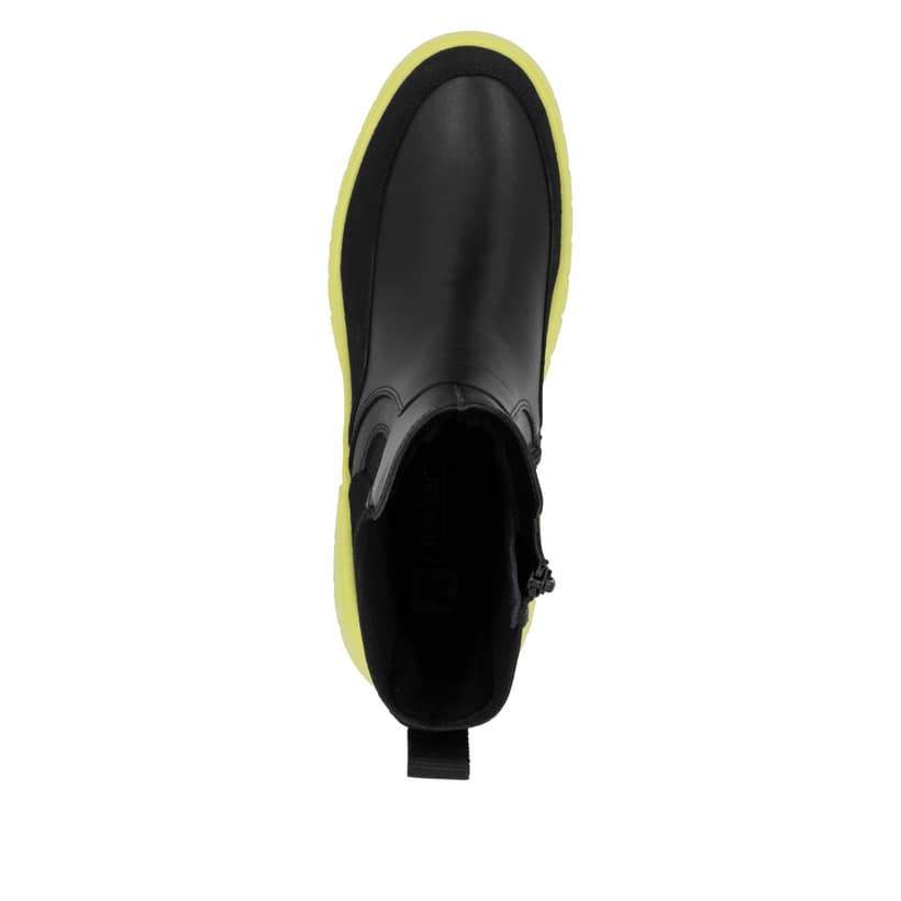 Chelsea Boots  Rieker noires pour femmes W1872-00 avec semelle ultra-légère. Vue d’en haut.