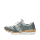 Blaue Rieker Damen Slipper N4255-12 mit einem Gummizug. Schuh Außenseite.