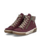 Bordeauxfarbene Rieker Damen Schnürstiefel N0709-35 mit einem Reißverschluss. Schuhpaar seitlich schräg.