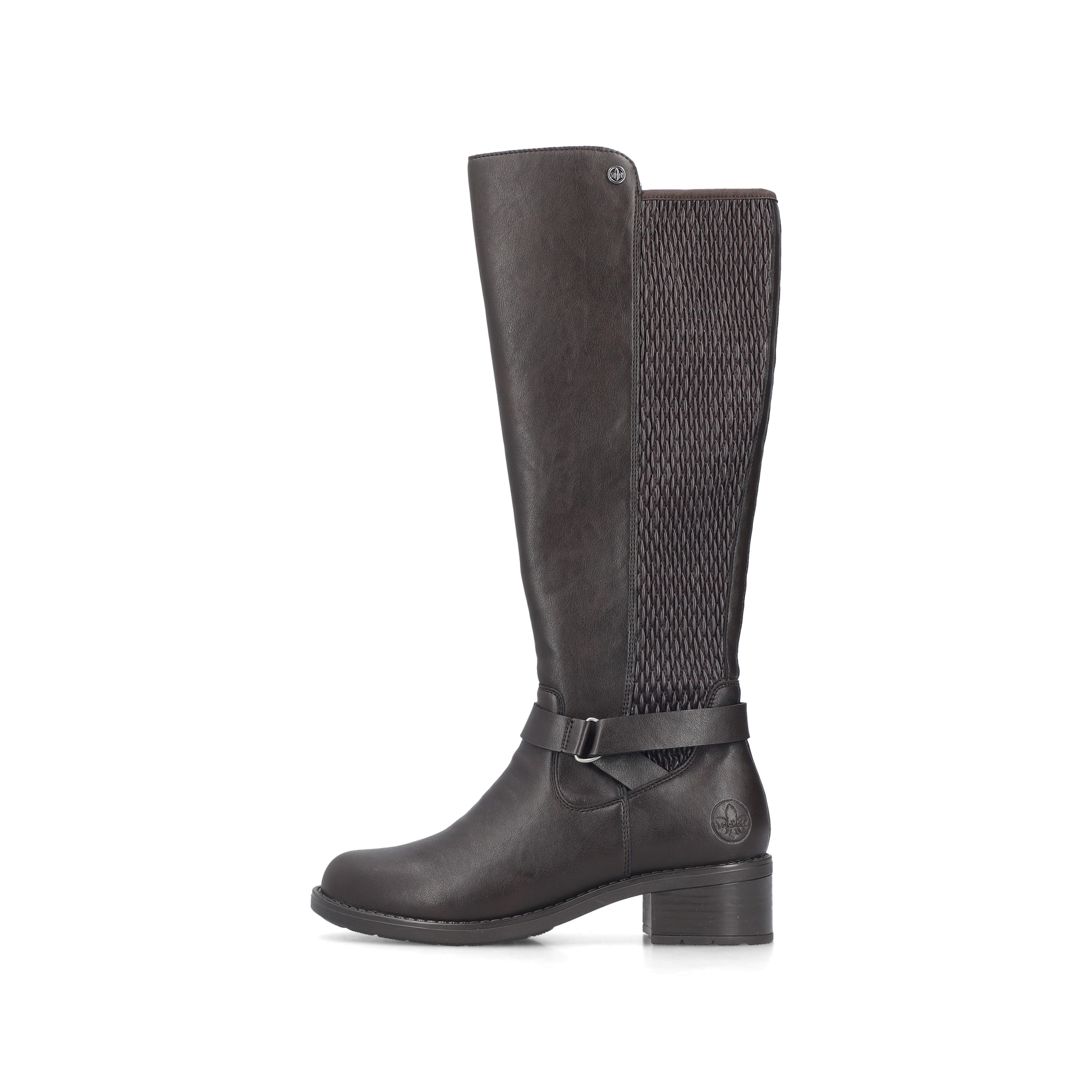 Dunkelbraune Rieker Damen Hochschaftstiefel 75490-25 mit einem Reißverschluss. Schuh Außenseite.