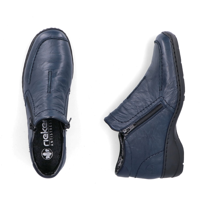 Dunkelblaue Rieker Damen Kurzstiefel 58386-14 aus Glattleder mit Reißverschluss. Schuh von oben, liegend.