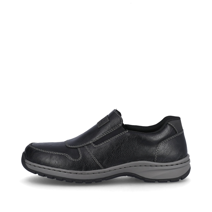
Graphitschwarze Rieker Herren Slipper 03355-00 mit einer schockabsorbierenden Sohle. Schuh Außenseite