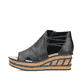 Schwarze Rieker Keilsandaletten 68197-00 mit einem Gummizug sowie leichter Sohle. Schuh Außenseite.