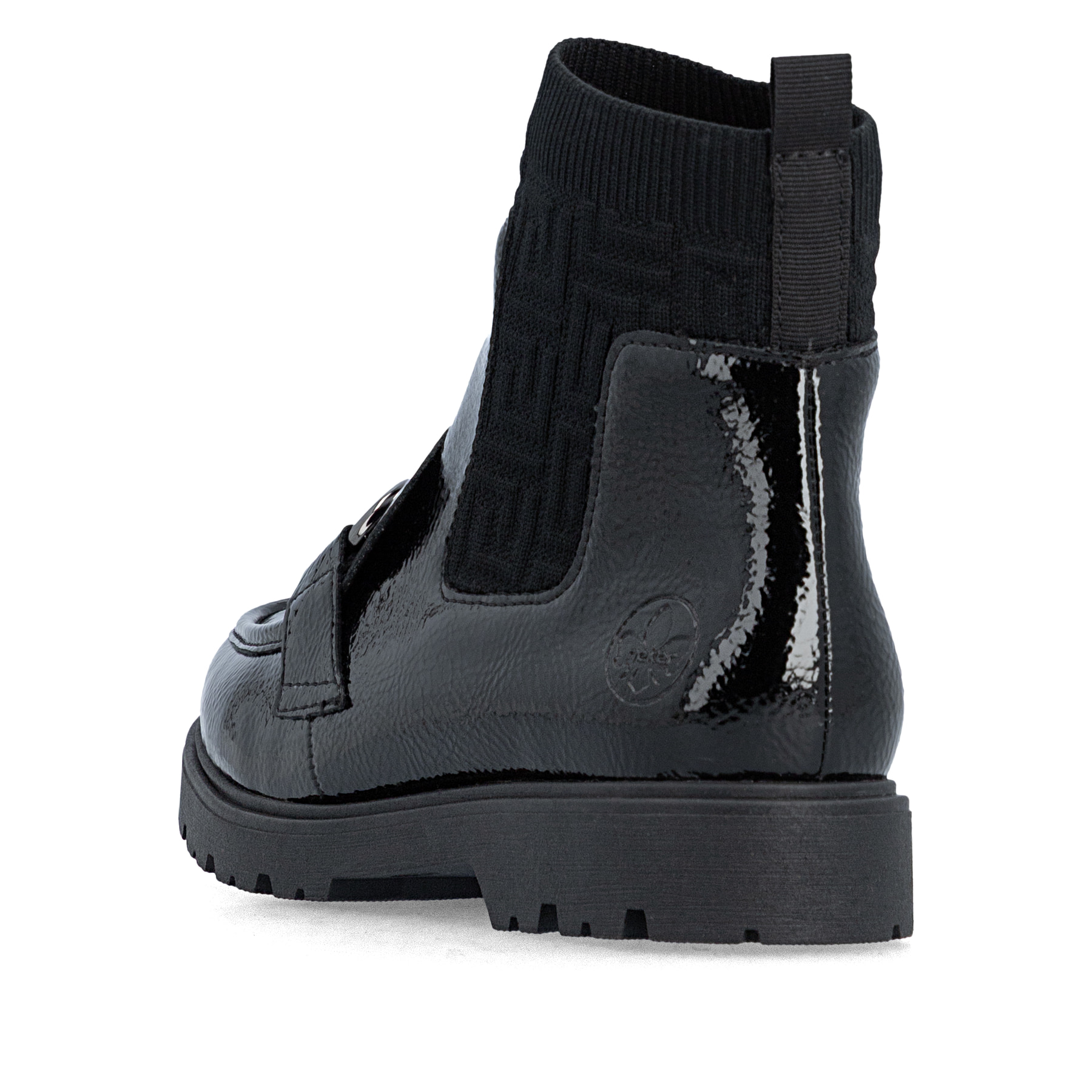 Schwarze Rieker Damen Kurzstiefel 45573-00 mit Schmuckelementen sowie Gummizug. Schuh von hinten.