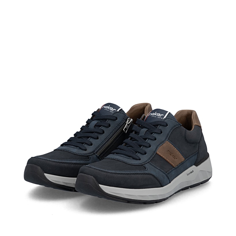 Dunkelblaue Rieker Herren Schnürschuhe 11505-14 mit einem Reißverschluss. Schuhpaar seitlich schräg.