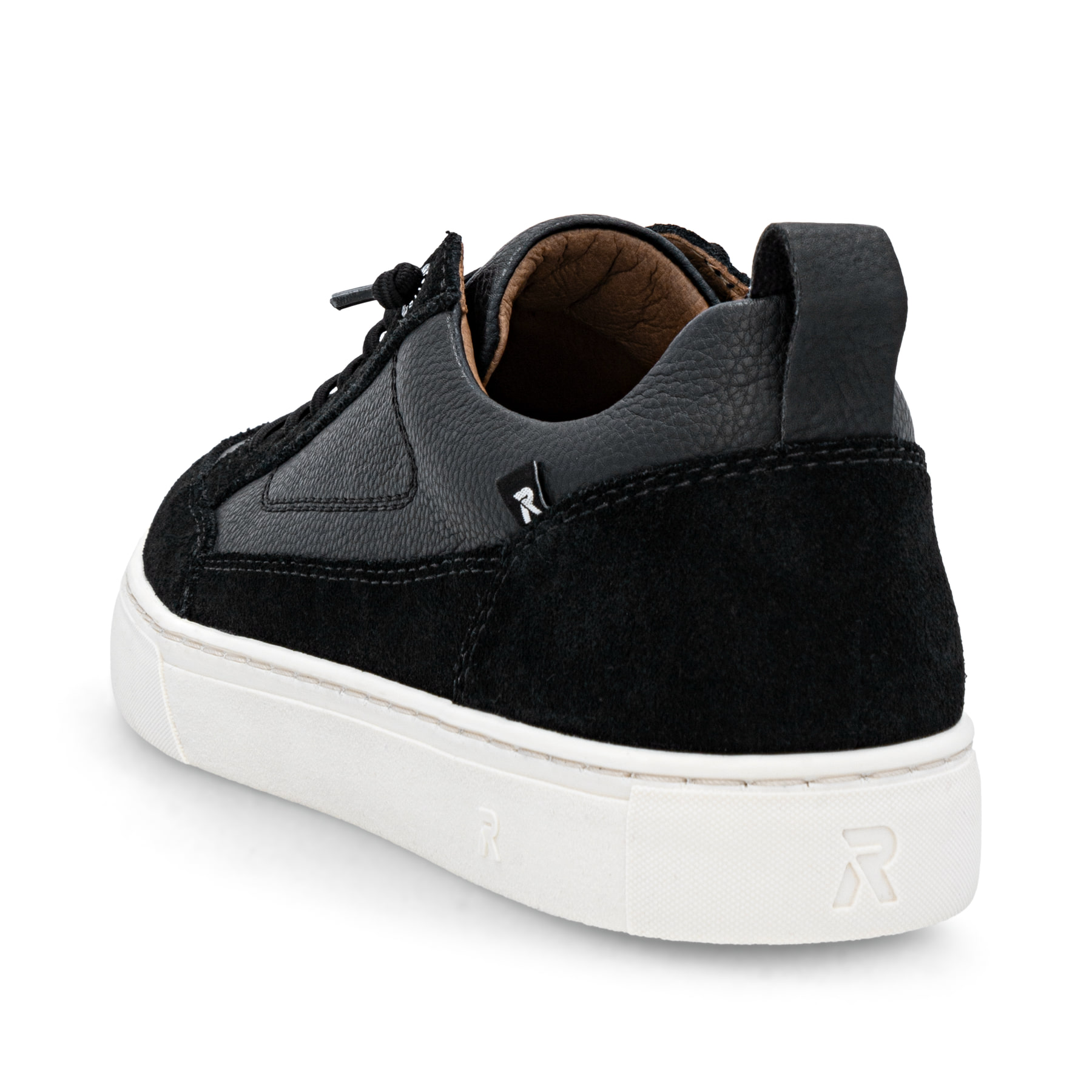 Schwarze Rieker Herren Sneaker Low U0709-00 aus Glattleder mit einer Schnürung. Schuh von hinten.