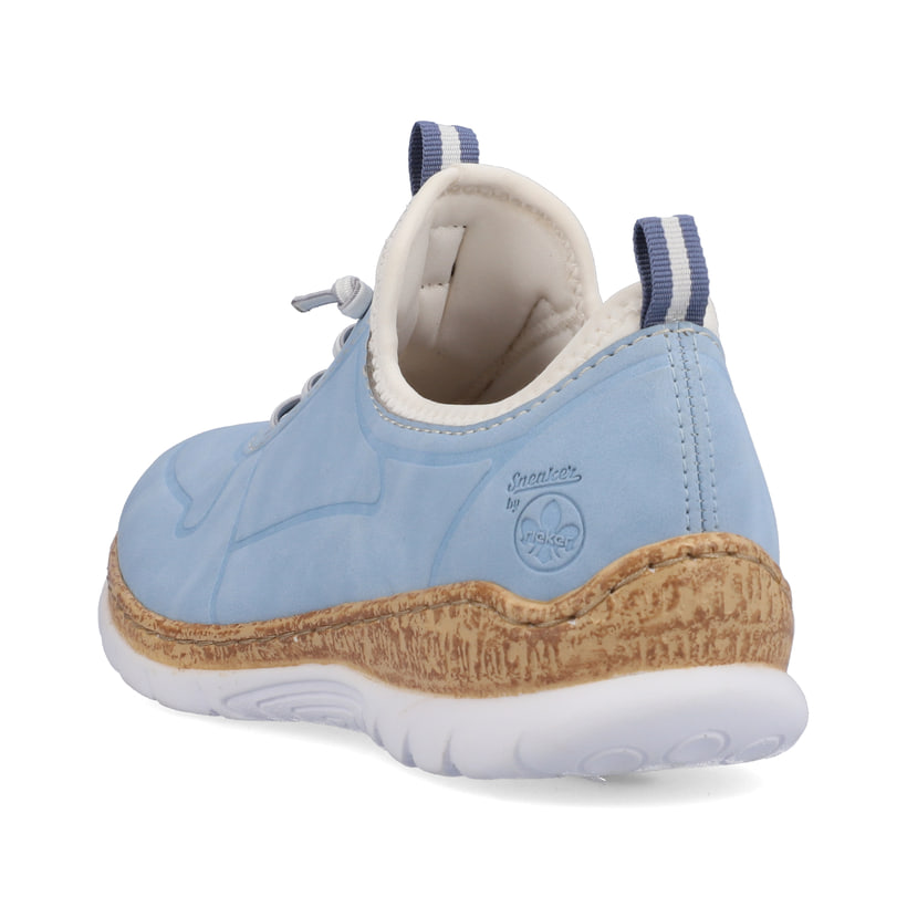 Himmelblaue Rieker Damen Slipper N4285-10 mit einer Gummischnürung. Schuh von hinten.