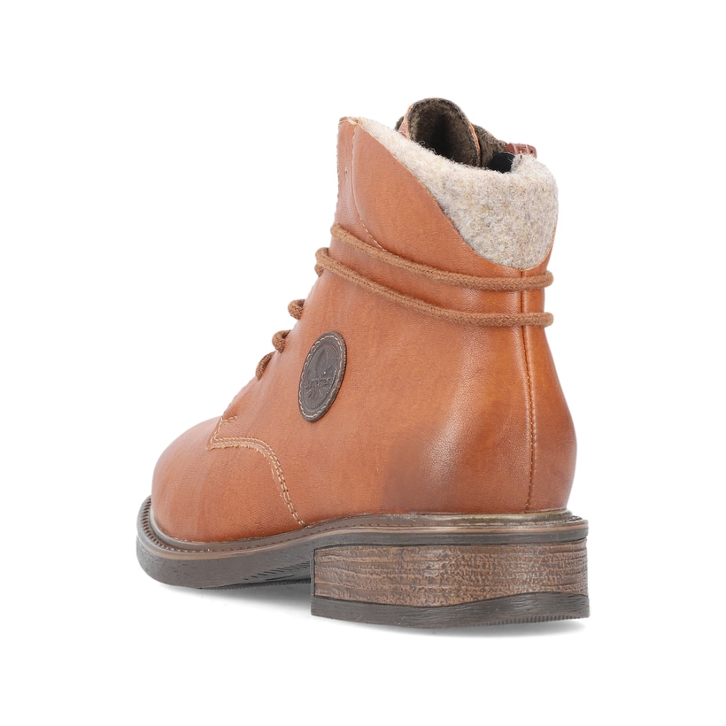 Braune Rieker Damen Schnürstiefel 71440-25 mit rundem Logo sowie Reißverschluss. Schuh von hinten.