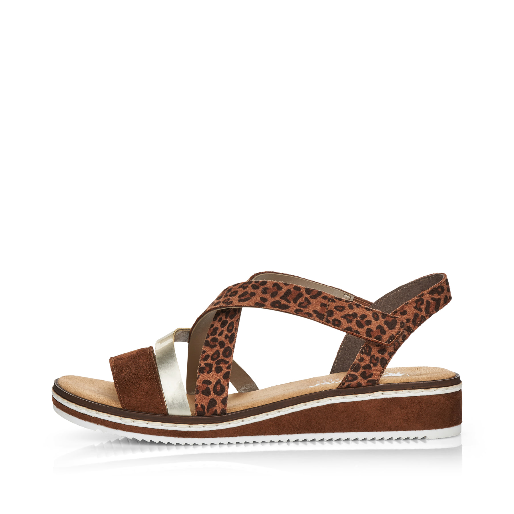 Braune Rieker Keilsandaletten V3663-24 mit Klettverschluss sowie leichter Sohle. Schuh Außenseite.