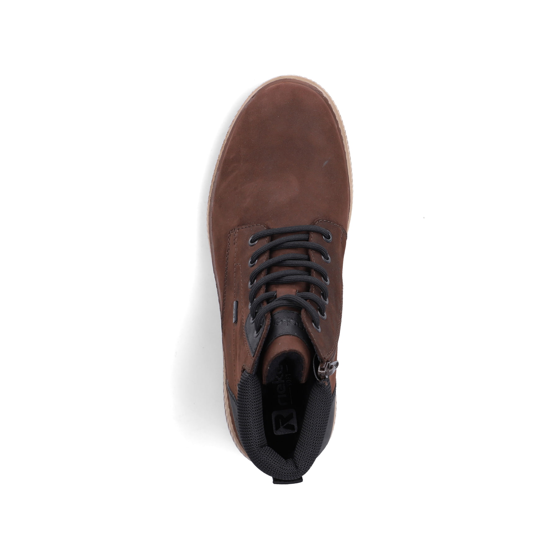 Dunkelbraune Rieker Herren Schnürstiefel B3343-27 aus Rauleder. Schuh von oben.