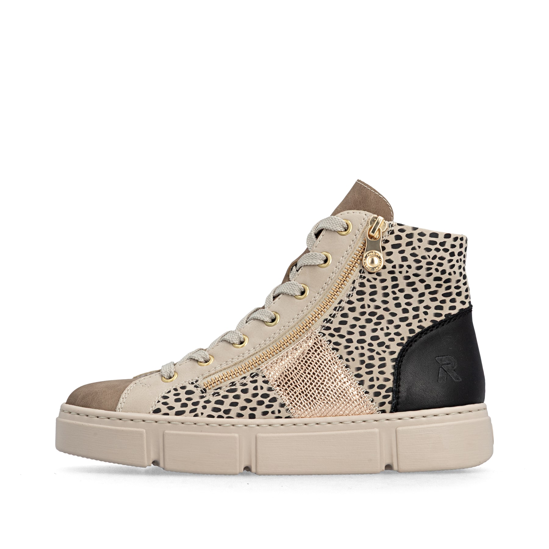 Baskets montantes Rieker beiges pour femme N5931-62 avec imprimé animal. Côté extérieur de la chaussure.