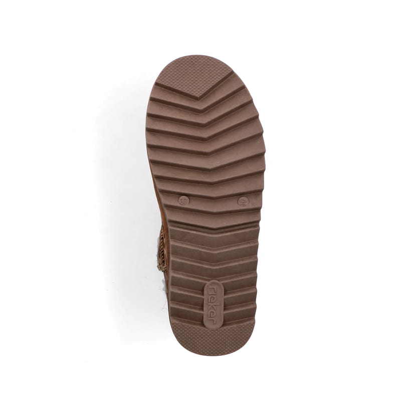 Braune Rieker Damen Kurzstiefel 99861-25 mit Leo-Print sowie der Komfortweite G. Schuh Laufsohle.