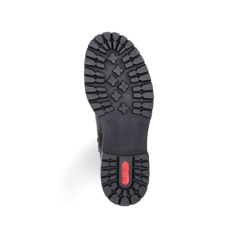 Dunkelbraune Rieker Damen Kurzstiefel 72684-25 mit gerafftem Schaft. Schuh Laufsohle.