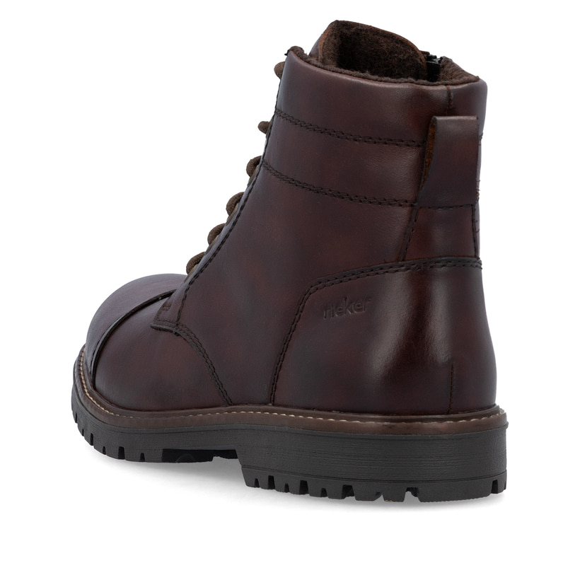 Nussbraune Rieker Herren Schnürstiefel F3604-25 mit einer robusten Profilsohle. Schuh von hinten