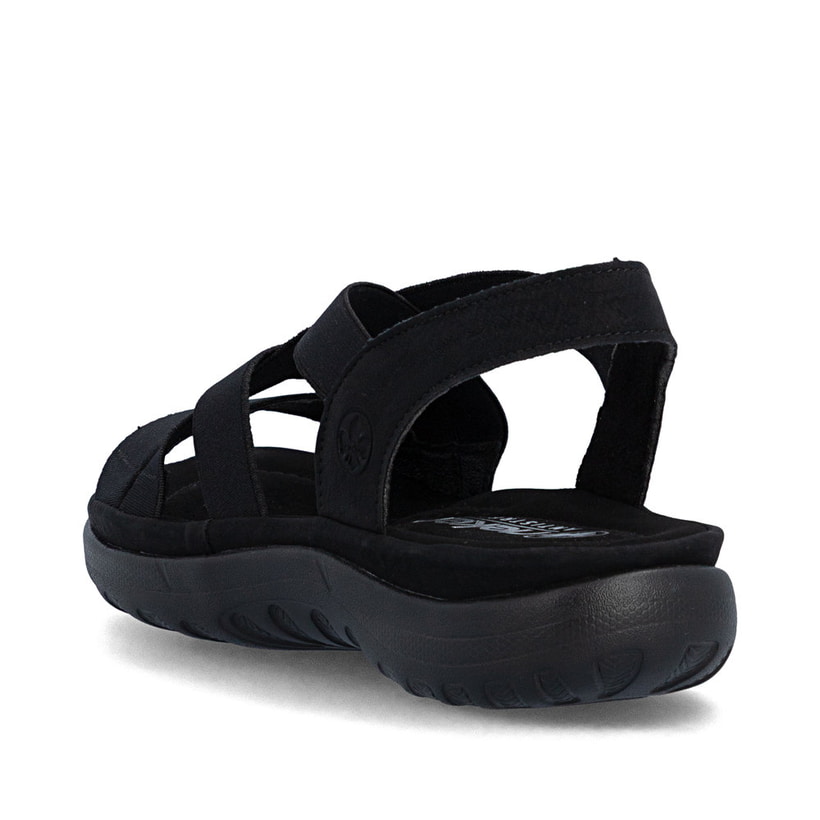 Schwarze Rieker Damen Pantoletten 64857-00 mit einem Gummizug. Schuh von hinten.