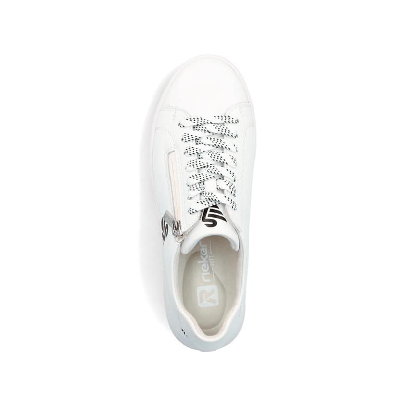 Weißer Rieker Damen Sneaker Low M7712-80 Schwenninger Wild Wings Special Edition mit Eishockey-Schnürsenkeln und Logo. Schuh von oben.