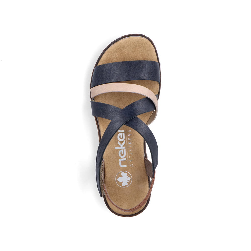Sandales compensées Rieker bleues femme V3663-91 avec fermeture velcro. Chaussure vue de dessus.