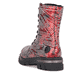 Rote Rieker Damen Biker Boots Z9120-35 mit Textprint sowie einem Reißverschluss. Schuh von hinten.