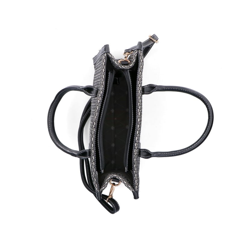 Sac à main Rieker H1013-92 noir avec style raphia et fermeture éclair. Ouvert.