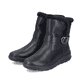 Schwarze Rieker Damen Kurzstiefel Z0081-00 aus Glattleder mit weichem Kragen. Schuhpaar seitlich schräg.