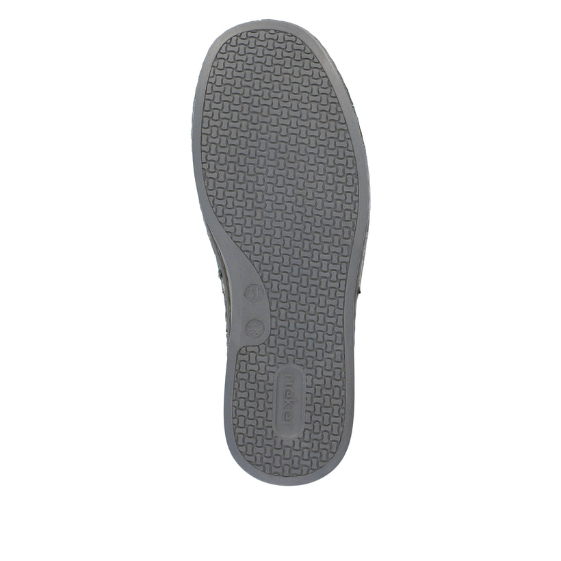 Blaue Rieker Herren Slipper 05450-12 mit Elastikeinsatz sowie braunen Ziernähten. Schuh Laufsohle.