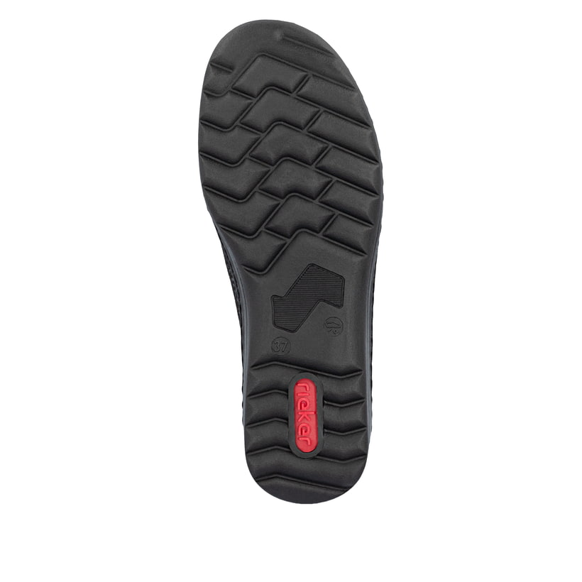 Mocassins Rieker noirs pour femmes 48968-00 avec bande élastique. Semelle extérieure de la chaussure.