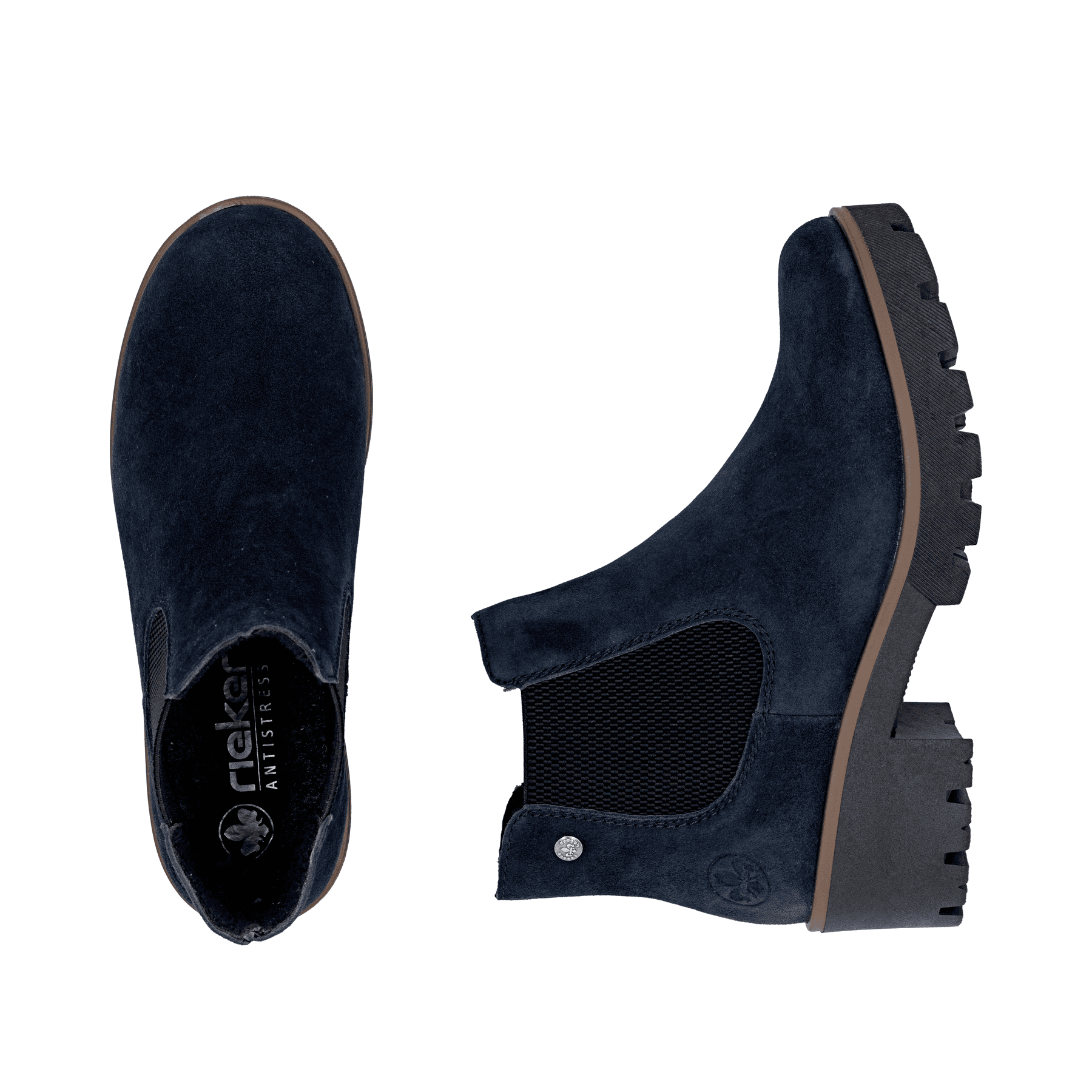 Dunkelblaue Rieker Damen Chelsea Boots 79265-14 aus Rauleder mit einem Gummizug. Schuh von oben, liegend.