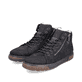 
Asphaltschwarze Rieker Herren Schnürschuhe 18940-00 mit einer robusten Profilsohle. Schuhpaar schräg.