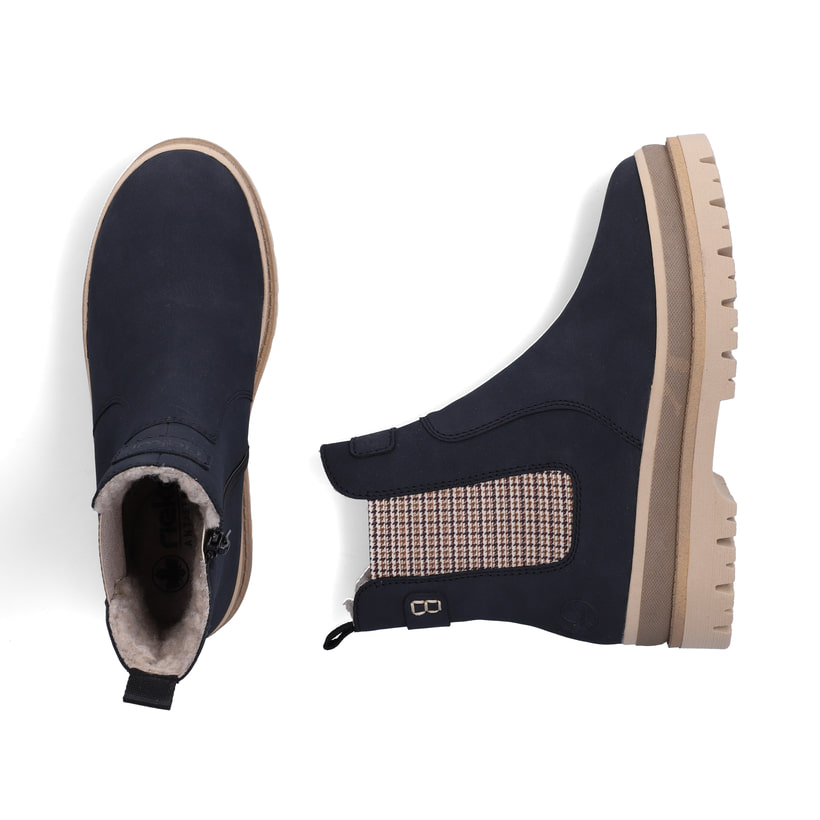 Dunkelblau-beige Rieker Damen Chelsea Boots Y6260-14 mit einem Reißverschluss. Schuh von oben, liegend.