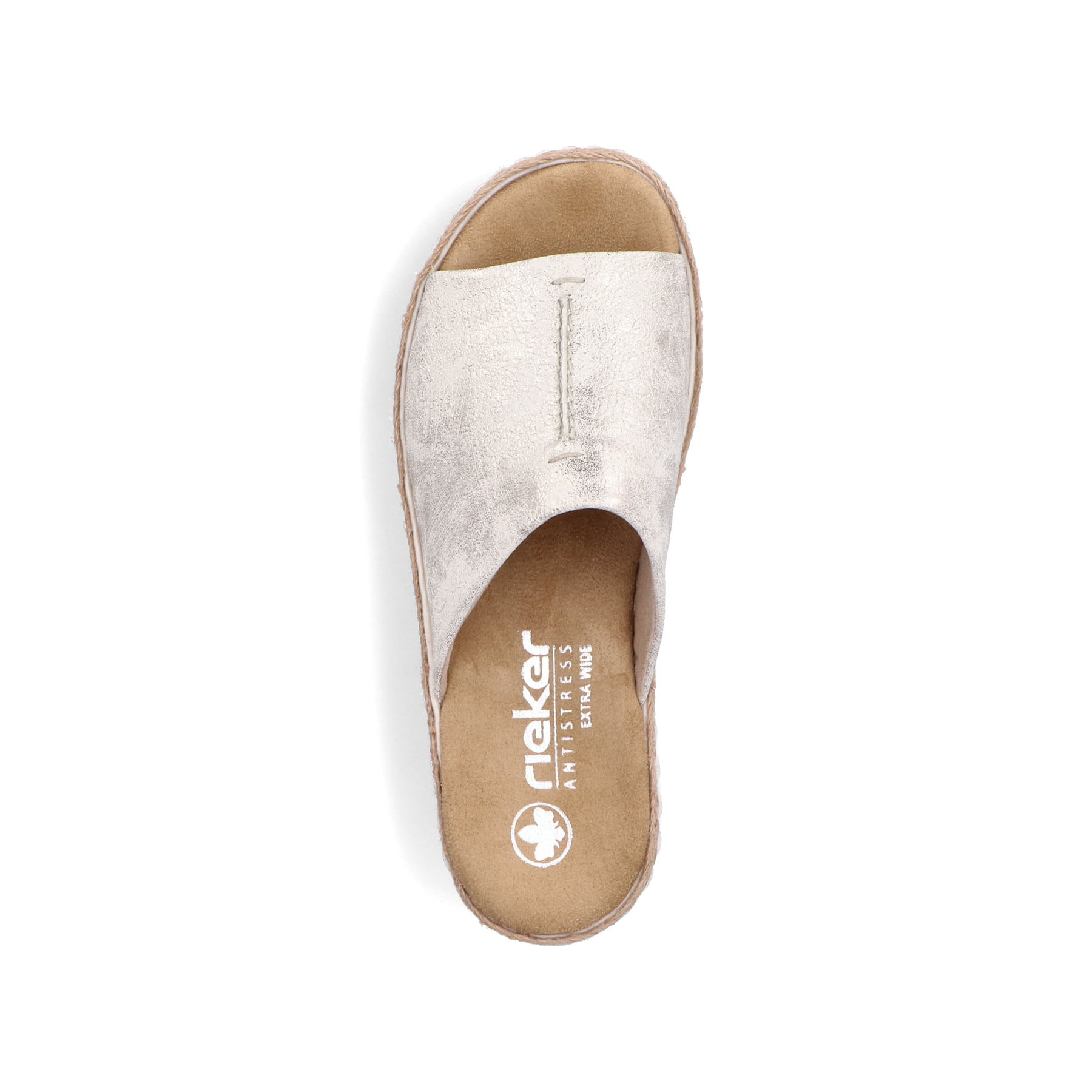 Beige Rieker Damen Pantoletten 69288-60 mit moderner Spannnaht. Schuh von oben.