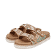 Mehrfarbige Rieker Damen Pantoletten V9584-90 mit einem Schnallen. Schuhpaar seitlich schräg.