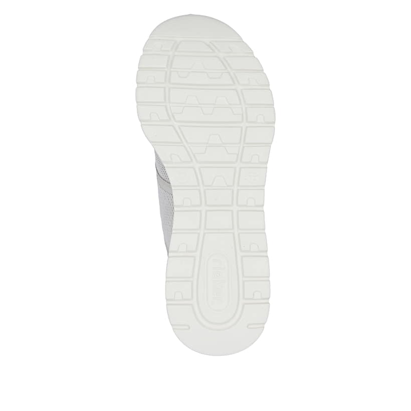 Mocassins Rieker beiges végan pour femmes M6078-60 avec bande élastique. Semelle extérieure de la chaussure.