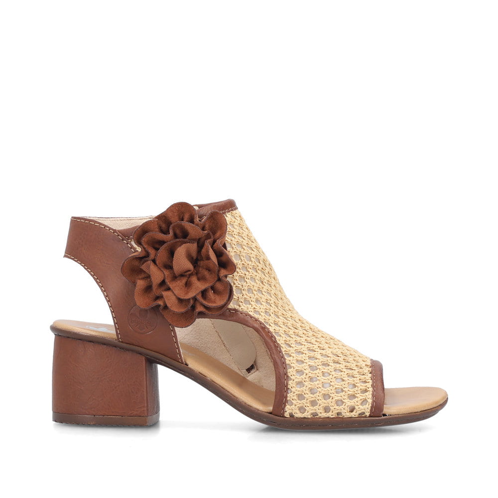 Braune Rieker Damen Sandaletten 64694-24 mit dekorativer Blume. Schuh Laufsohle.