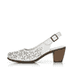 Weiße Rieker Pumps 40981-80 in Löcheroptik mit einer Schnalle. Schuh Außenseite.
