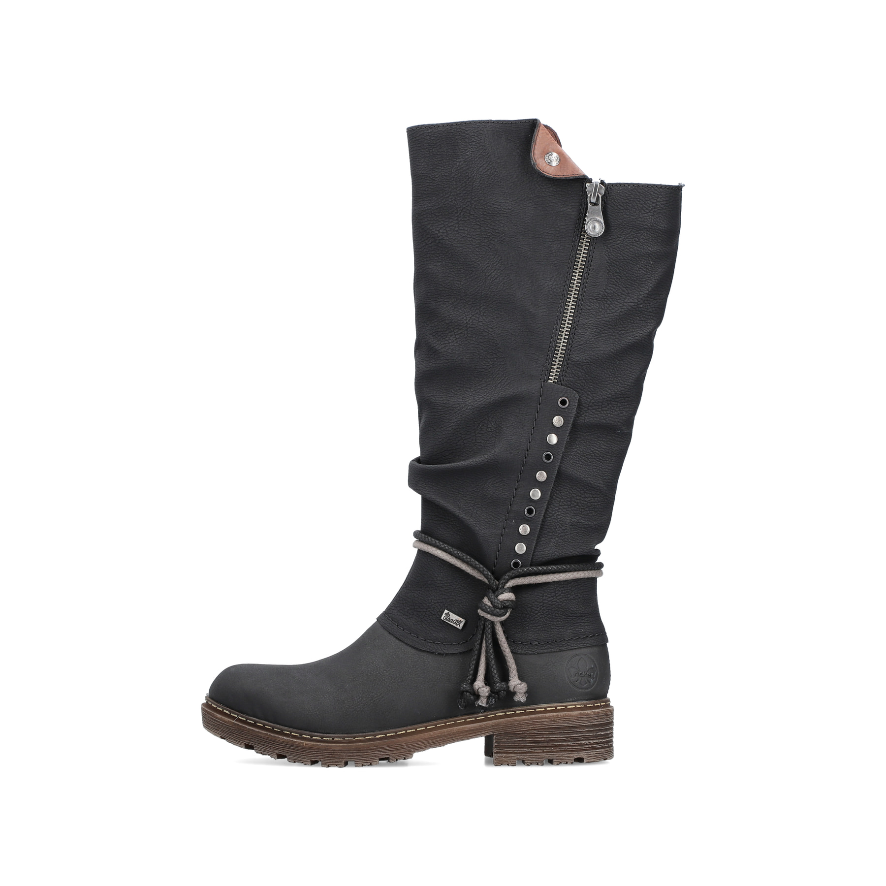 Tiefschwarze Rieker Damen Hochschaftstiefel Z4759-01 mit einer robusten Profilsohle. Schuh Außenseite