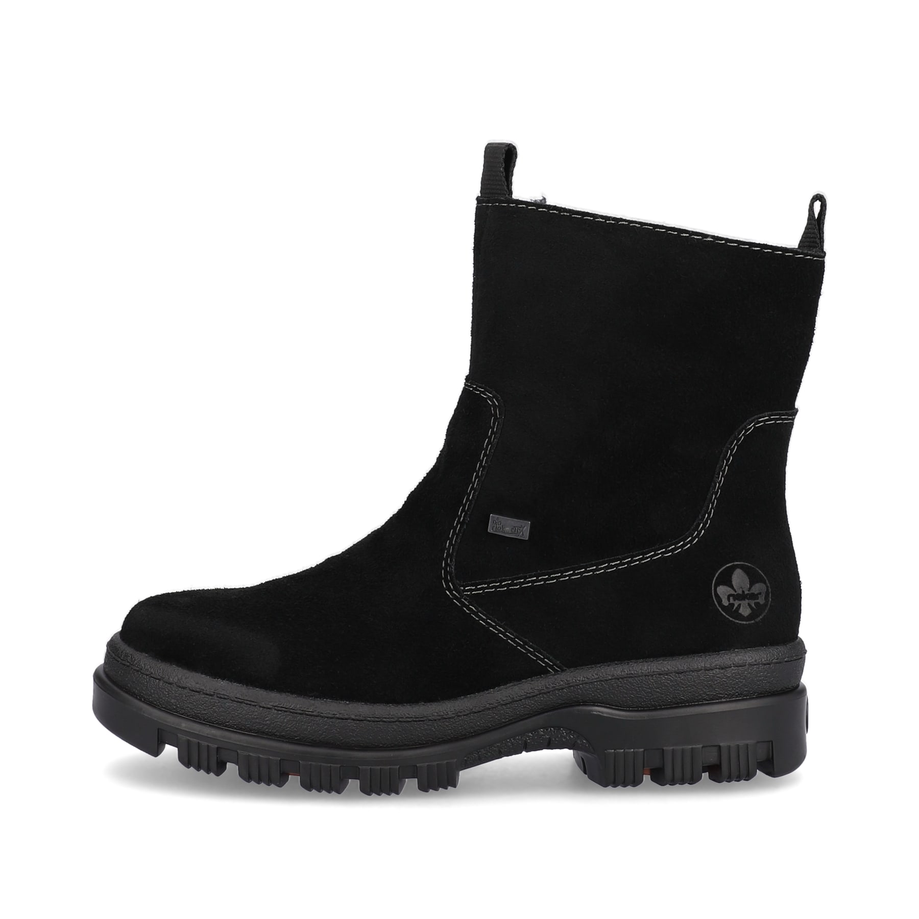 Tiefschwarze Rieker Damen Kurzstiefel X8250-00 mit Flip-Grip Sohle. Schuh Außenseite.