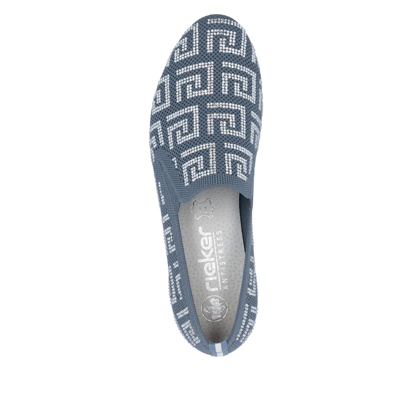 Blaue Rieker Damen Loafer 51953-12 mit Gummizug sowie extra weicher Decksohle. Schuh von oben.