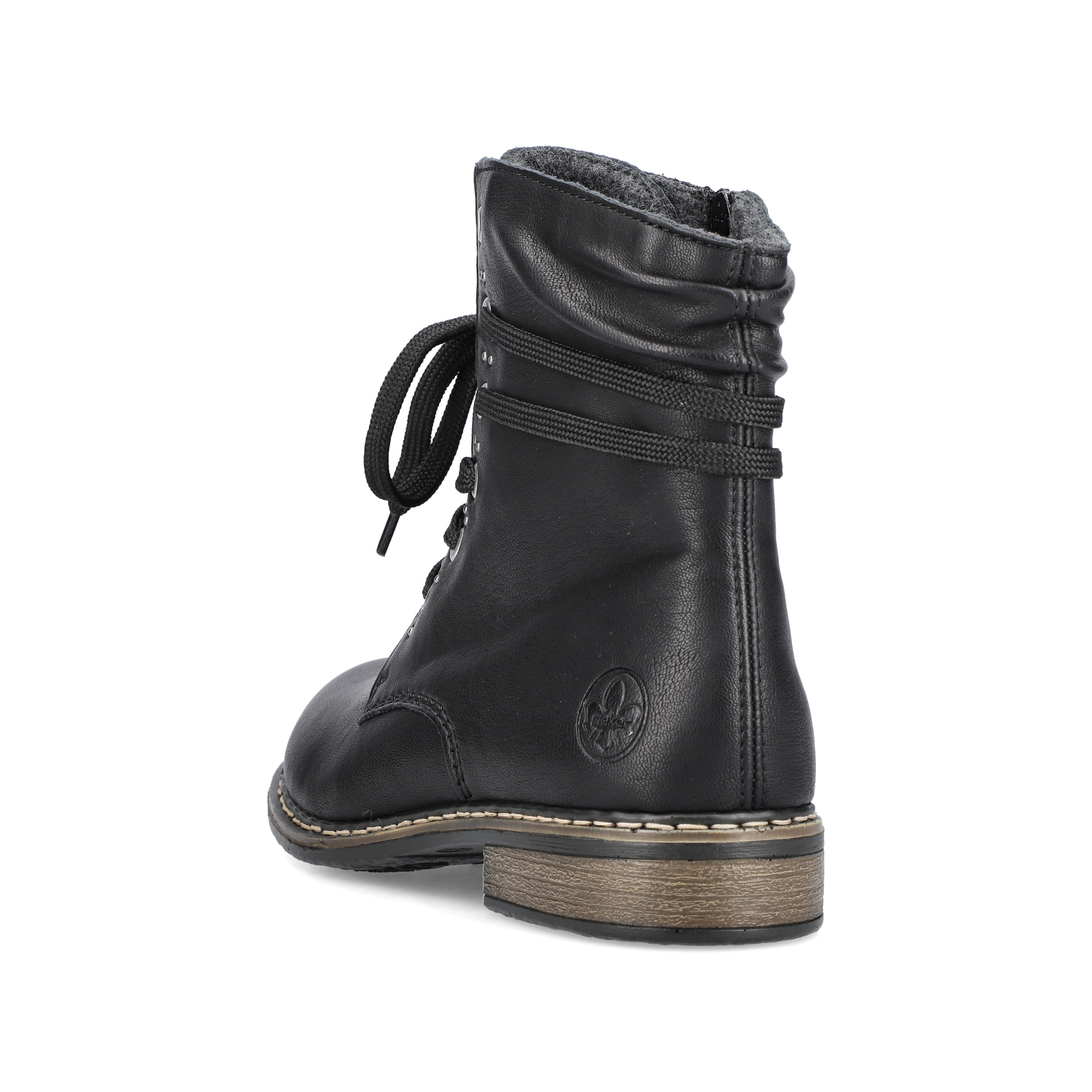 Bottes à lacets Rieker noires pour femme 71218-00 avec fermeture éclair. Chaussure vue de l'arrière.