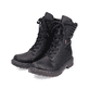 
Tiefschwarze Rieker Damen Schnürstiefel 78203-00 mit Schnürung und Reißverschluss. Schuhpaar schräg.