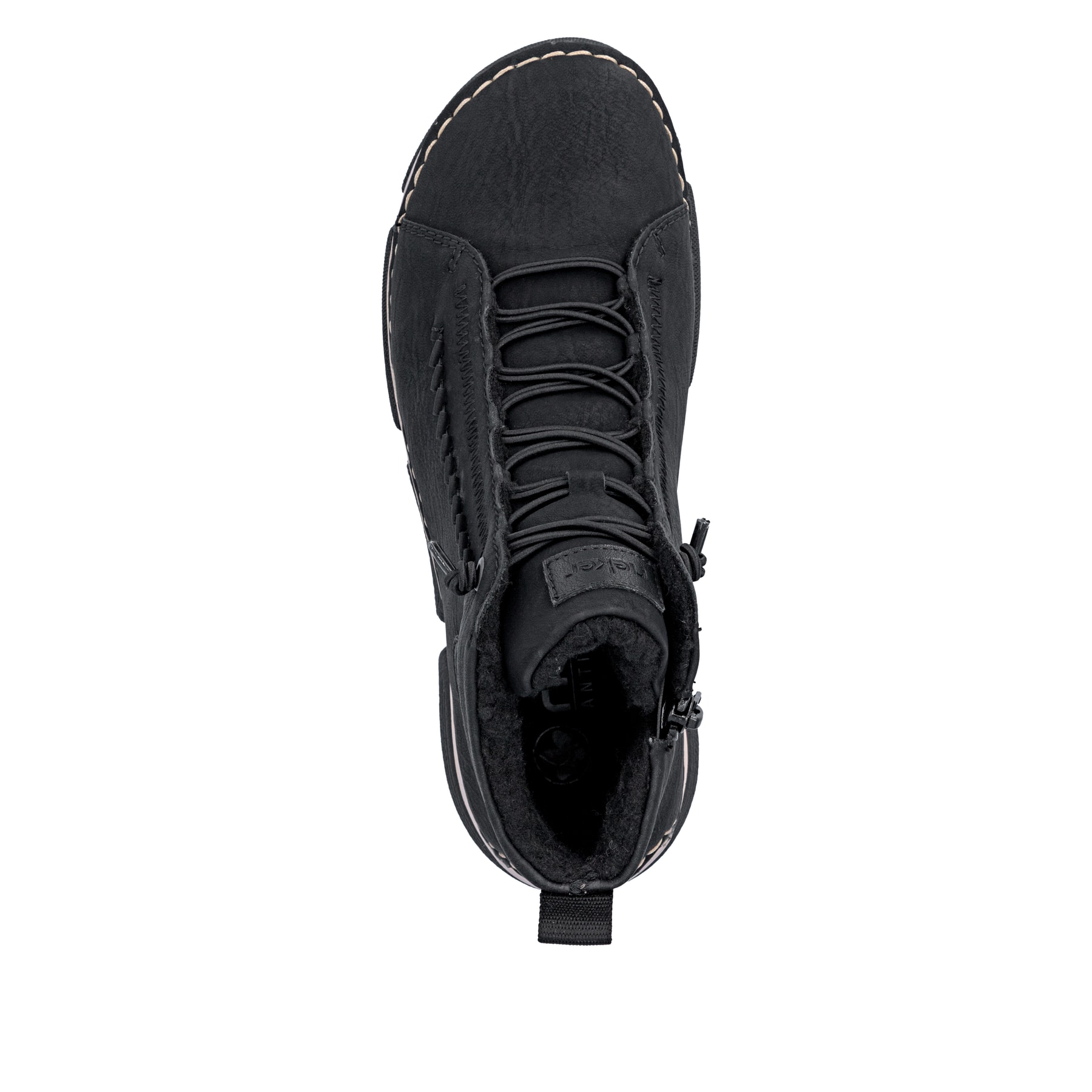 Schwarze Rieker Damen Schnürstiefel 45912-00 mit markanter Anflechter-Naht. Schuh von oben.