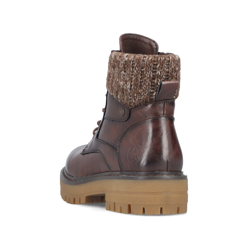 Dunkelbraune Rieker Damen Schnürstiefel 92920-25 mit einem Reißverschluss. Schuh von hinten.